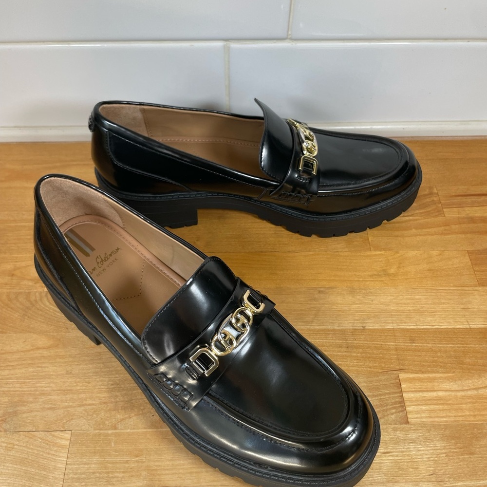 Sam Edelman Black Patent Leather Loafers with Gold Chain